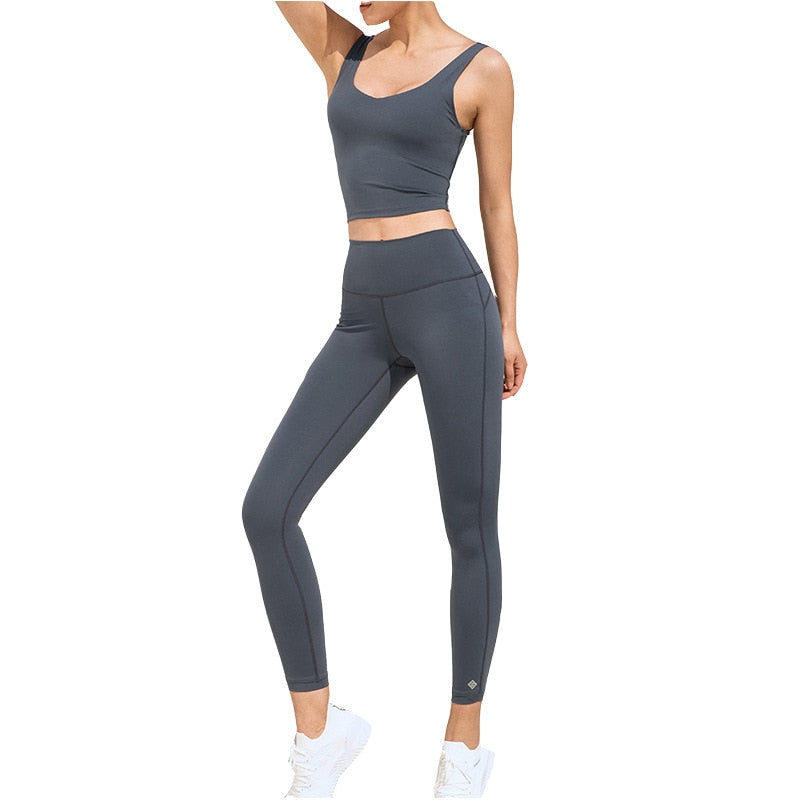 Solid Seamless Yoga Gym Suit Fashion Tank Crop Top Leggings Sports Fitness Push Up Running Sports Running Gym Two Piece Set